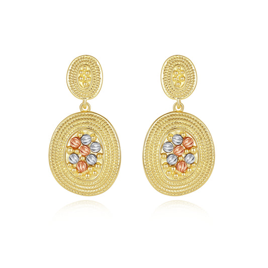 Orecchini pendenti ovali tricolore vintage in oro Kemstone, originali e fatti a mano, per donna, gioielli in lega da 50 mm x 22 mm con chiusura a perno.