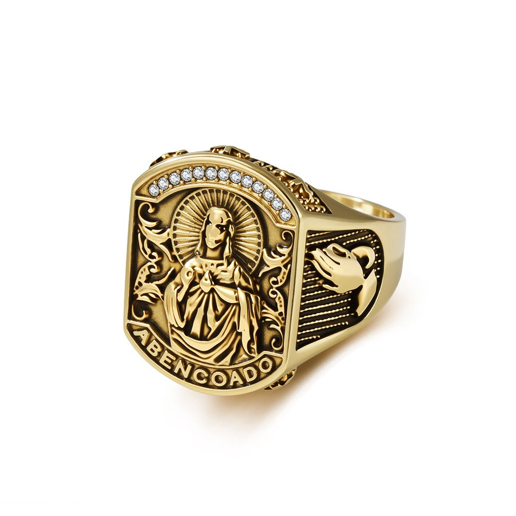 Kemston Baroque Engraved Signet Ring for Men Stainless Steel Gothic Vintage Relief Figure K-R1187
