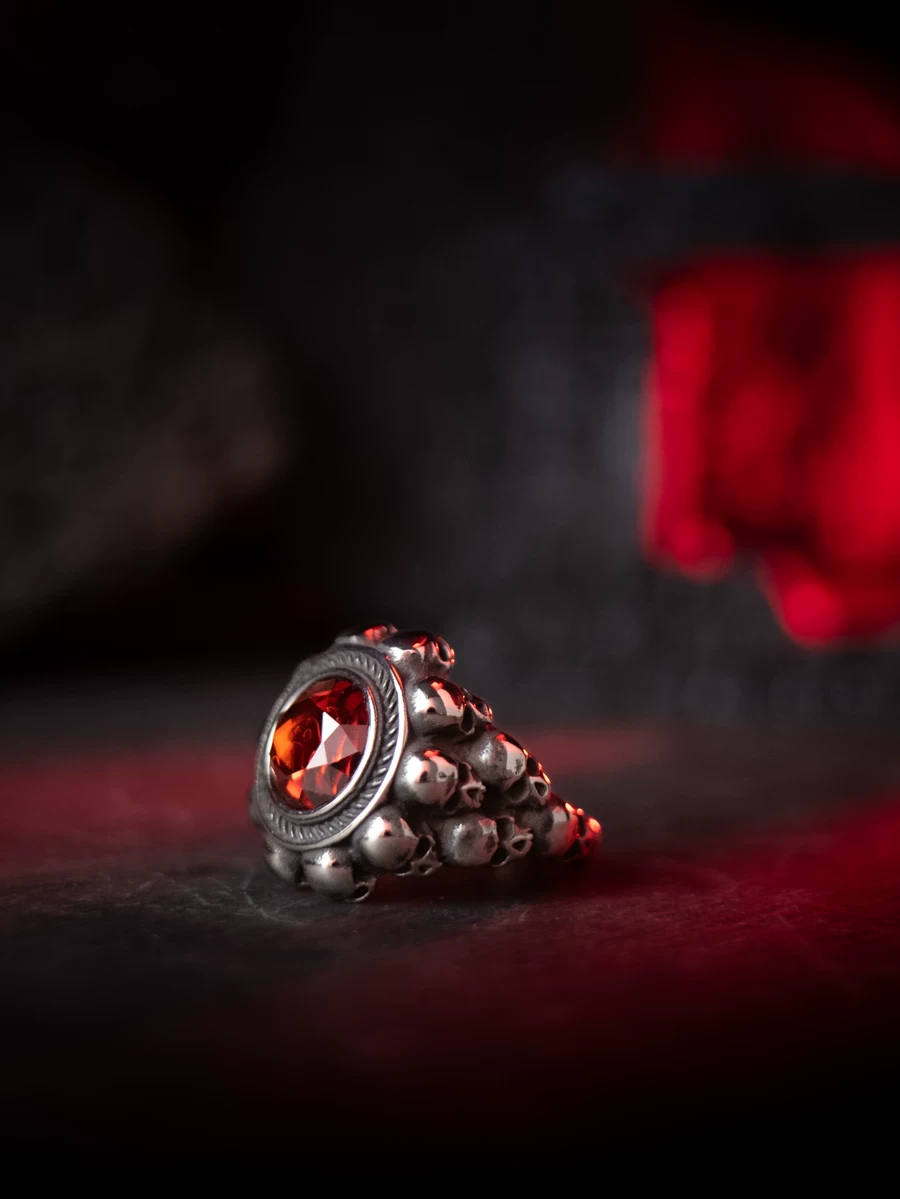 Kemstone "The Sinner’s Greed" Skull Ring – Gothic Stainless Steel with Red Zircon NWR-051345