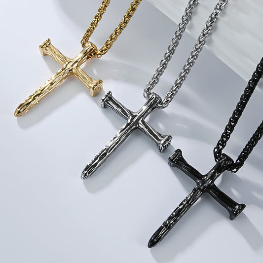 Kemstone Titanium Steel Hammered Cross Necklace – Vintage Faith Pendant for Men Jewelry K-PT662