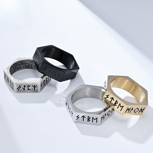 Kemstone Titanium Steel Rune Ring – Nordic Viking Hex Nut Design K-R703