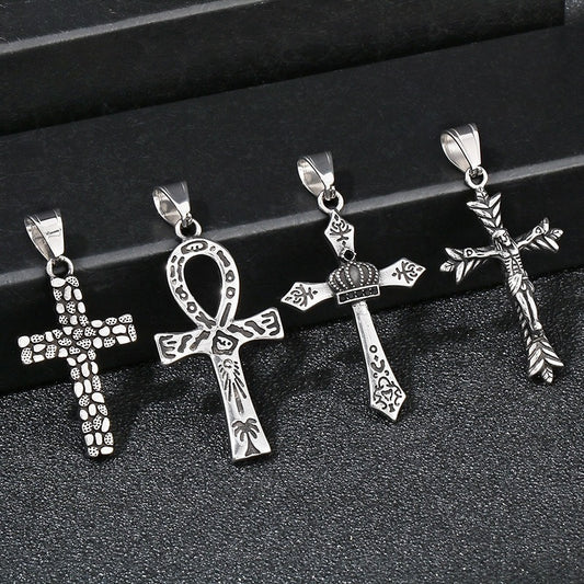 Kemstone Titanium Steel Punk Crown Cross Pendant – Vintage Hieroglyphic Engraved Necklace KP120067