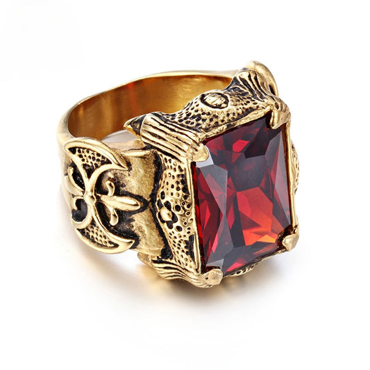 Kemstone Vintage Punk Gothic Titanium Steel Ring with Multi-Color Glass Stones for Men KR39427