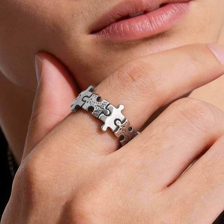 Kemston Stainless Steel Puzzle Interlocking Ring for Men Vintage Punk RC-1143