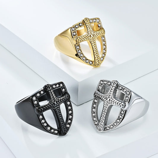 Kemstone Stainless Steel Shield Cross Ring for Men – Silver, Gold, Black K-R1010