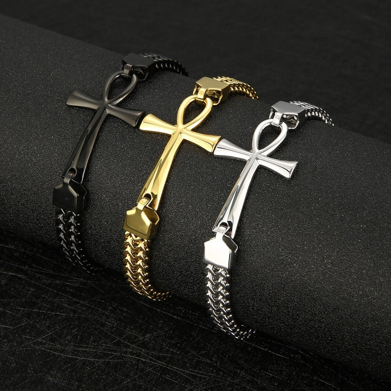 Kemstone Titanium Steel Rock 'n' Roll Dual-Weave Chain Bracelet with Vintage Cross Pendant KB164177-KFC