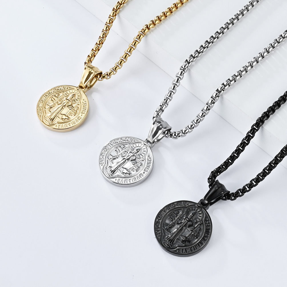 Kemstone Stainless Steel Saint Benedict Exorcism Coin Pendant Necklace for Men K-PT549