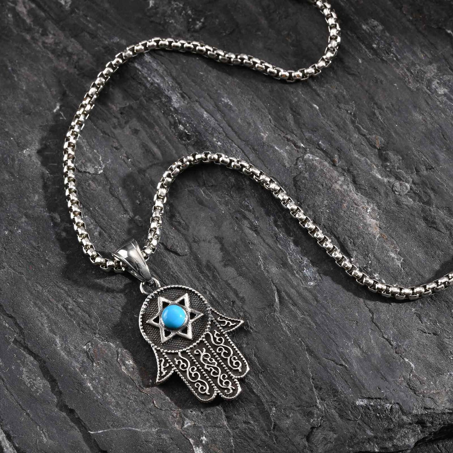 Kemstone Stainless Steel Hamsa Hand Necklace – Hexagram Turquoise Pendant for Men PN-2232