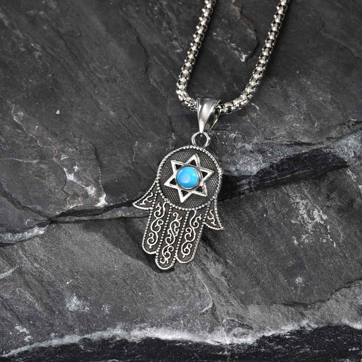 Kemstone Stainless Steel Hamsa Hand Necklace – Hexagram Turquoise Pendant for Men PN-2232