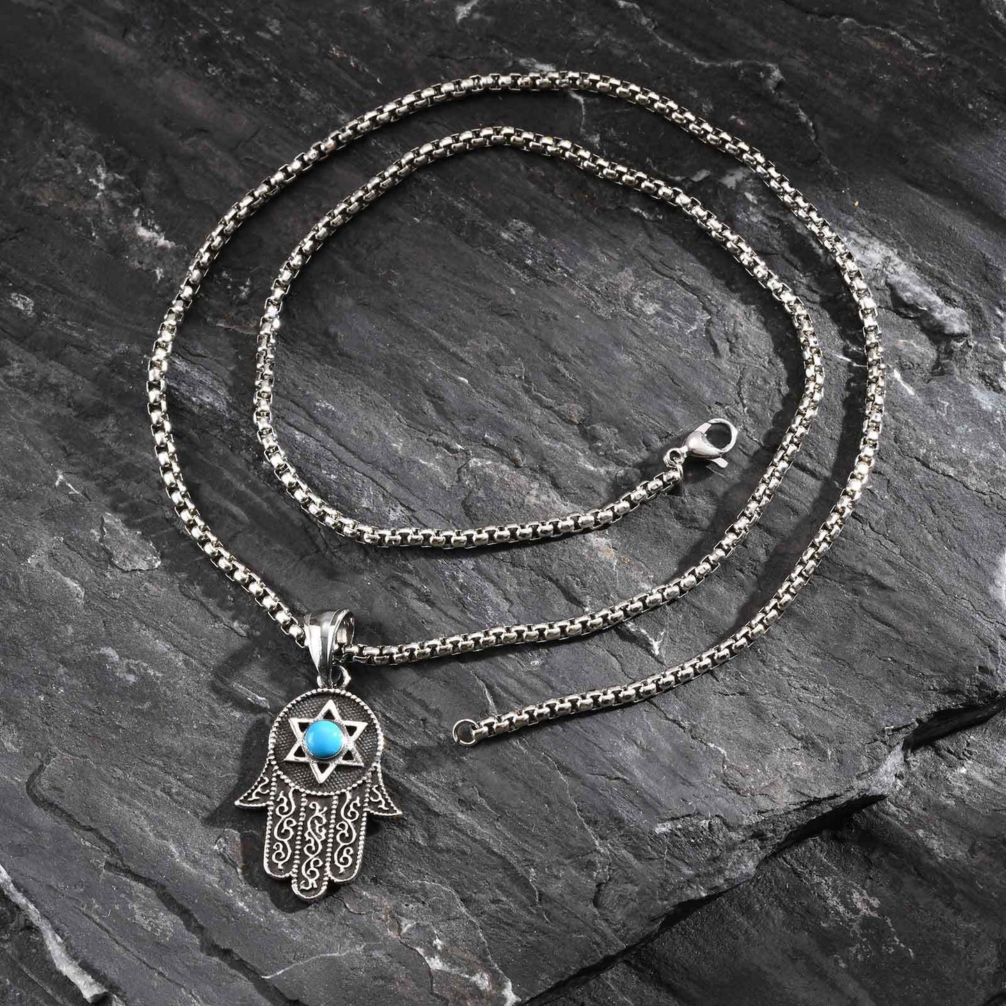 Kemstone Stainless Steel Hamsa Hand Necklace – Hexagram Turquoise Pendant for Men PN-2232