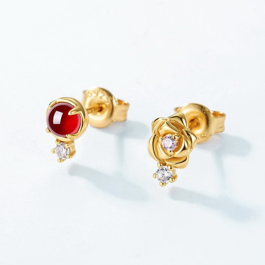 Pendientes minimalistas de rosa de granate, hechos a mano por Kemstone, con diseño original - Delicado diseño moderno de plata S925 bañado en oro