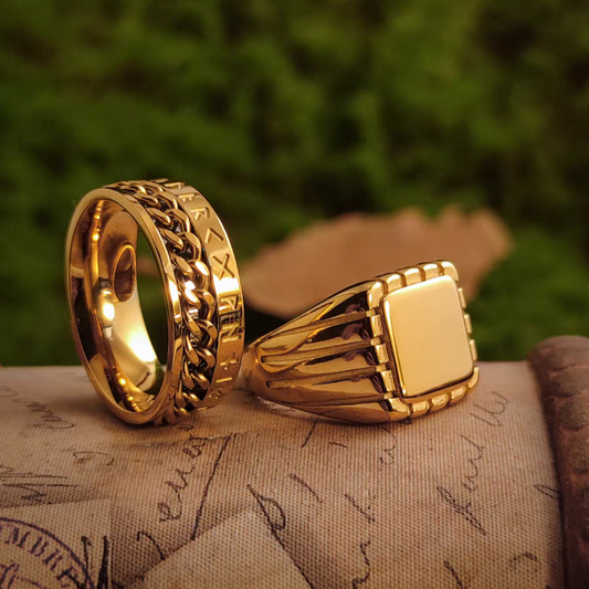 Kemstone Vintage Gold Viking Chain Band & Square Signet Ring – 18K Plated Titanium Steel