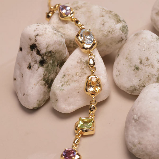 Kemstone Colorful Gemstone Bracelet – 925 Silver Gold Plated, Natural Amethyst Peridot Citrine Topaz Design for Women EM-KKHP333