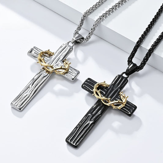 Kemstone Men’s Titanium Steel Cross Necklace – Vintage Wreath Pendant K-PT530
