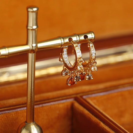 Kemstone Sunset Ferris Wheel Citrine & Orange Quartz Hoop Earrings – 925 Silver Gold Plated, 24x20mm Vintage Design