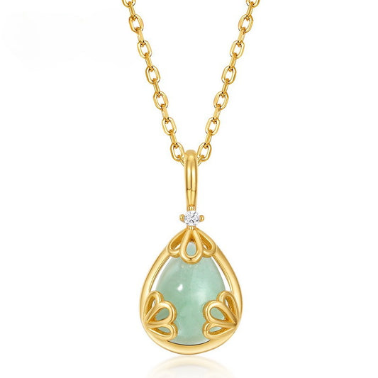 Collar con colgante de aventurina en forma de lágrima y cristal blanco, diseño original artesanal de Kemstone - Diseño de corona en plata de ley S925