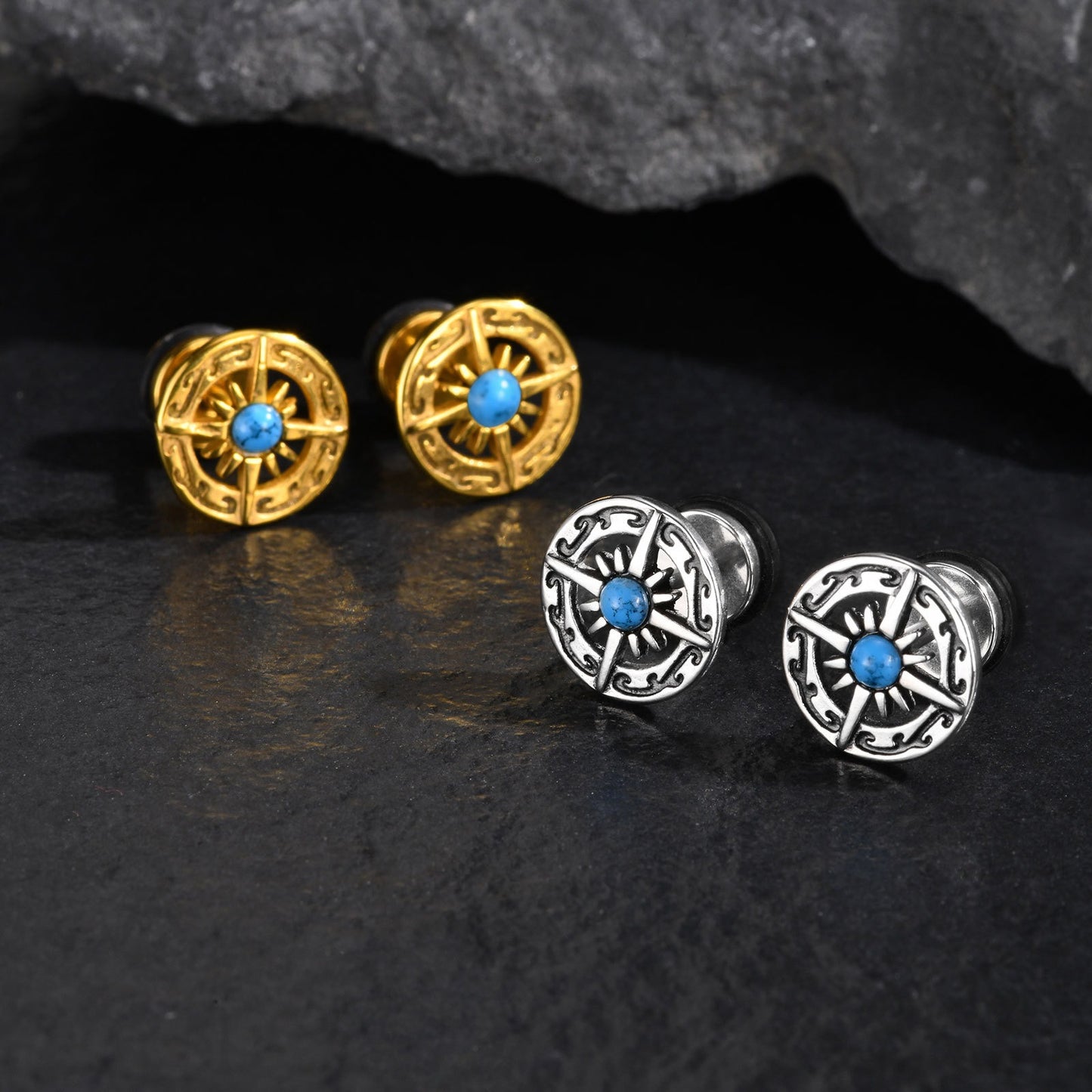 Kemstone Stainless Steel Turquoise Compass Stud Earrings – Vintage Symbolic Jewelry for Men, Gold/Silver ES-679