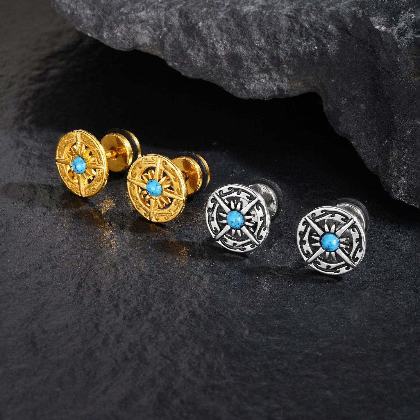 Kemstone Stainless Steel Turquoise Compass Stud Earrings – Vintage Symbolic Jewelry for Men, Gold/Silver ES-679