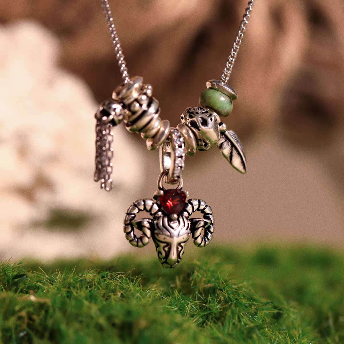 Kemstone Antelope Necklace – 925 Silver Vintage Pendant with Garnet & Turquoise, Adjustable Urban Nomadic Style EM-XXZSN376