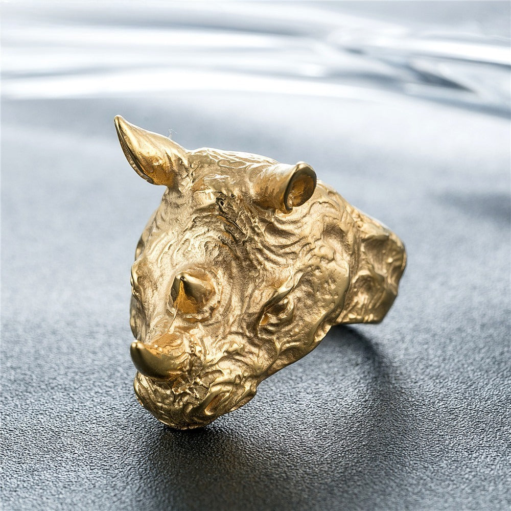 Kemstone Titanium Steel Rhino Head Ring for Men Vintage Animal R0340-NK01