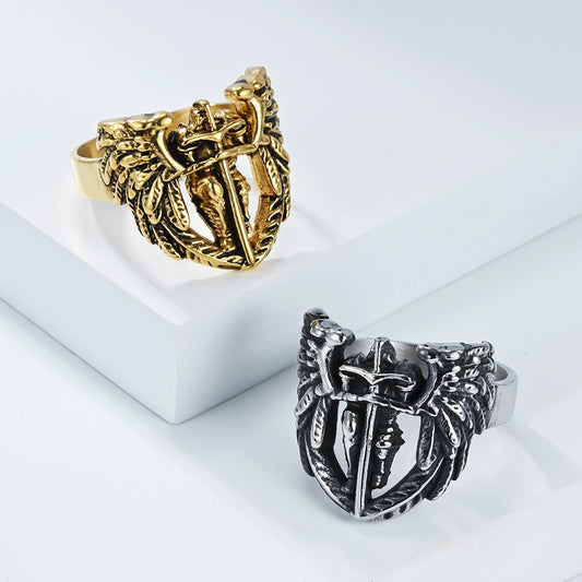Kemstone Saint Michael Archangel Wing Ring – Stainless Steel Vintage Guardian Design for Men K-R1110