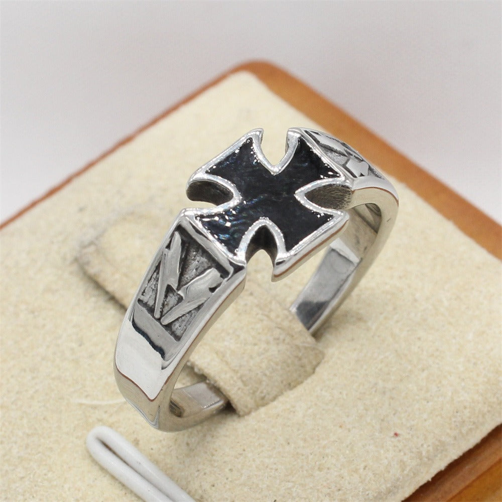 Kemstone Black Cross Ring for Men Titanium Steel Vintage Engraved R1823