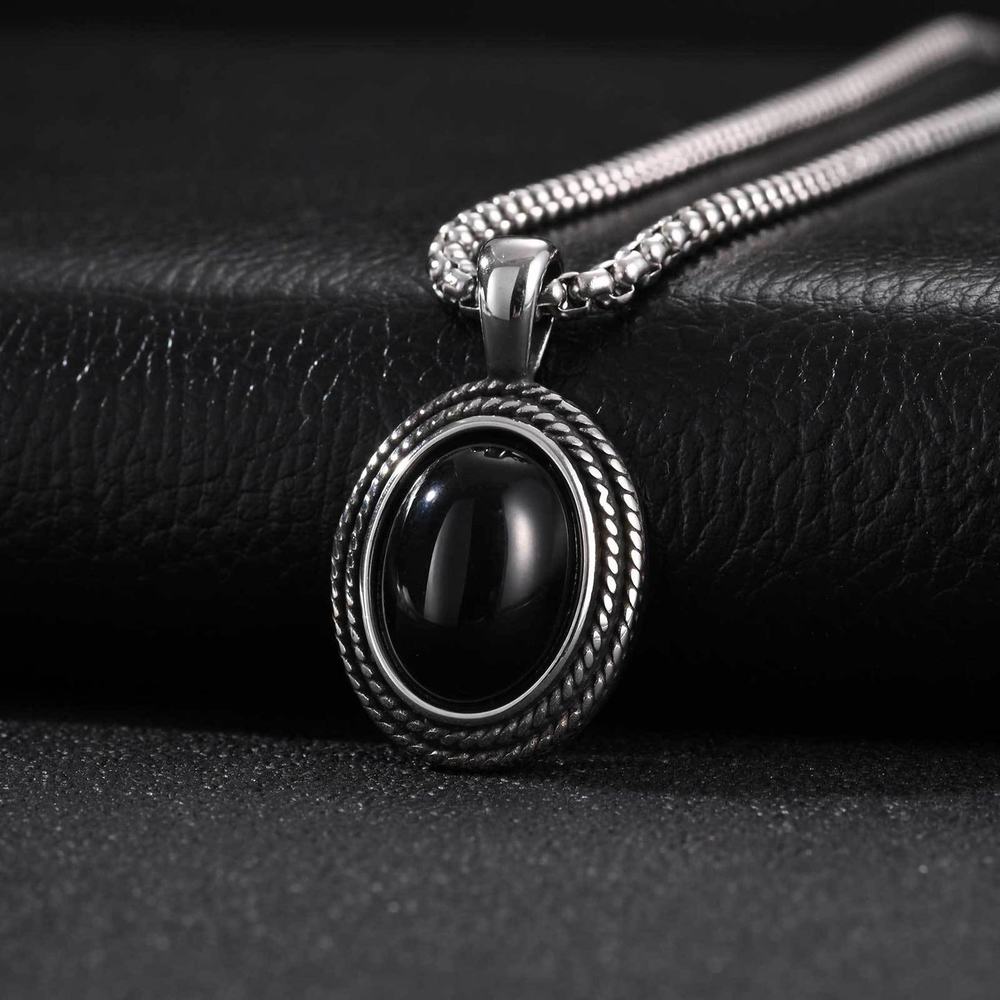 Kemston Black Stone Pendant Necklace for Men Stainless Steel Oval Vintage Frame PN-2462