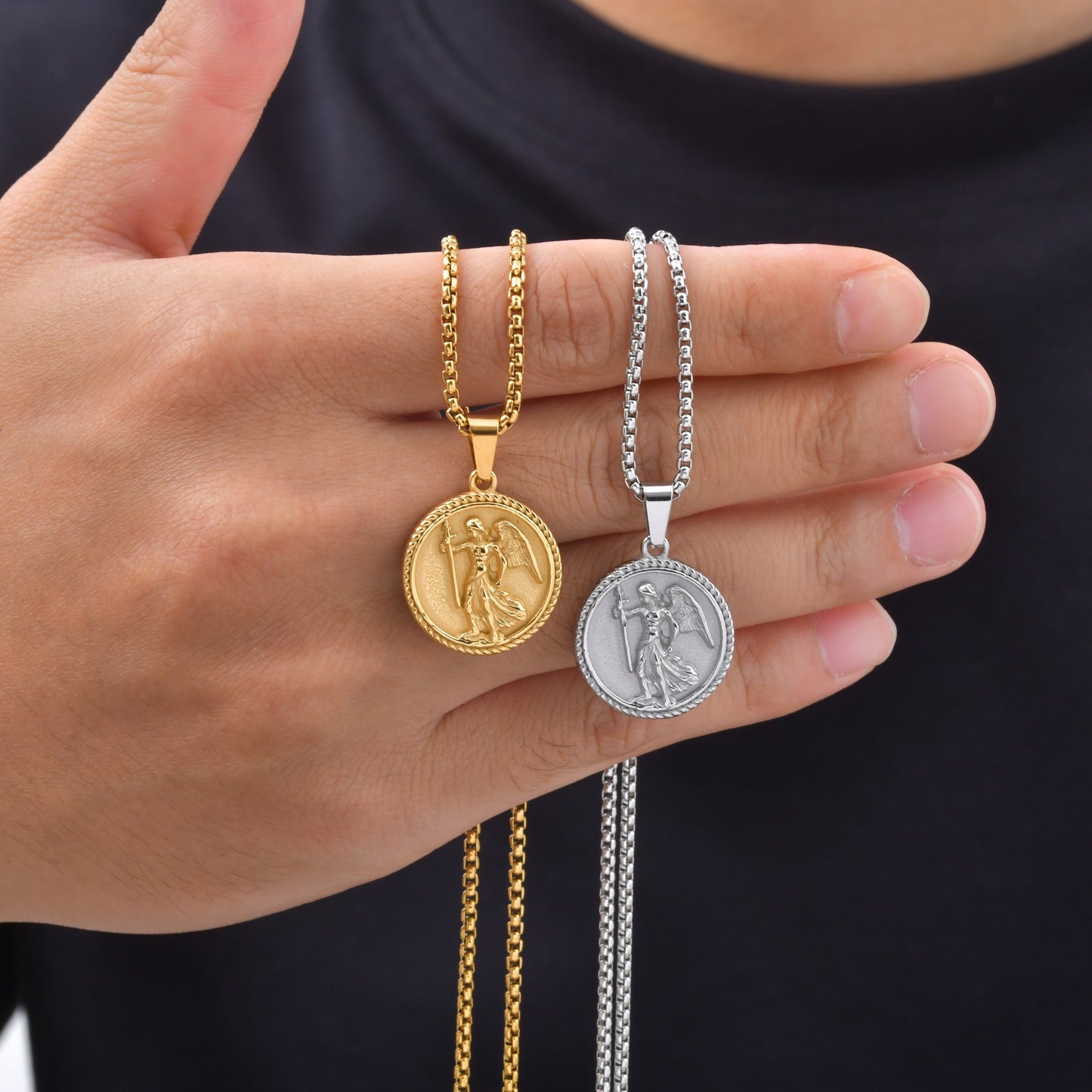 Kemston Winged Figure Medallion Necklace for Men Stainless Steel Gold Silver PN-2424