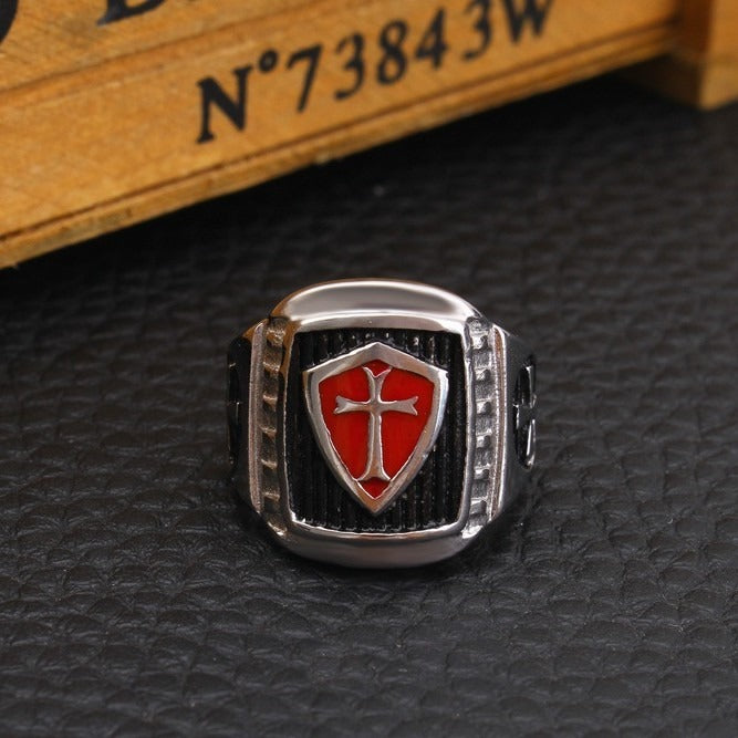 Kemstone Red Enamel Cross Ring for Men Stainless Steel Vintage TR0046