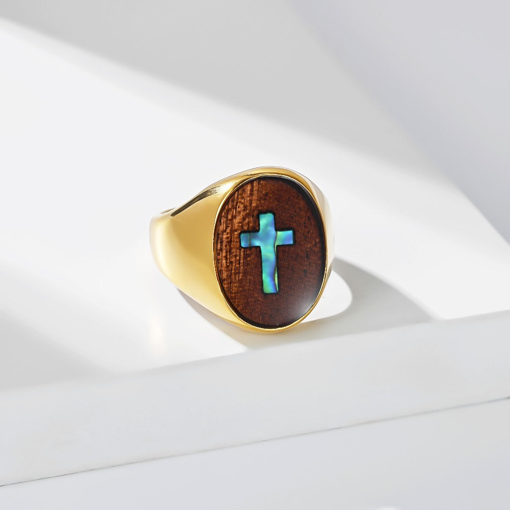 Kemstone Wood Inlay Cross Signet Ring for Men Stainless Steel Vintage K-R12390