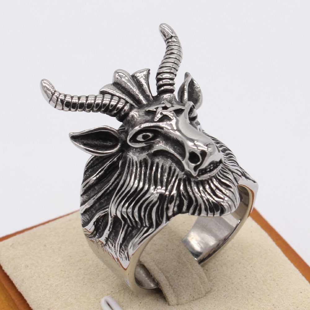 Kemstone Vintage Stag Head Ring for Men Titanium Steel Sculpted Deer Antler R1550