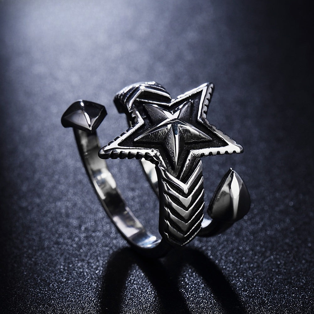 Kemstone Vintage Star Ring for Men Titanium Steel Black Detail R0050