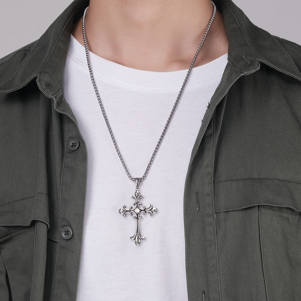 Kemstone Gothic Cross Pendant Necklace for Men Stainless Steel Cubic Zirconia Center K-PT375