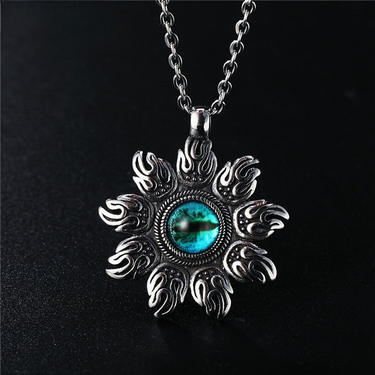 Kemstone Green Eye Pendant Necklace for Men Titanium Steel Flame Pattern P0202-NK04