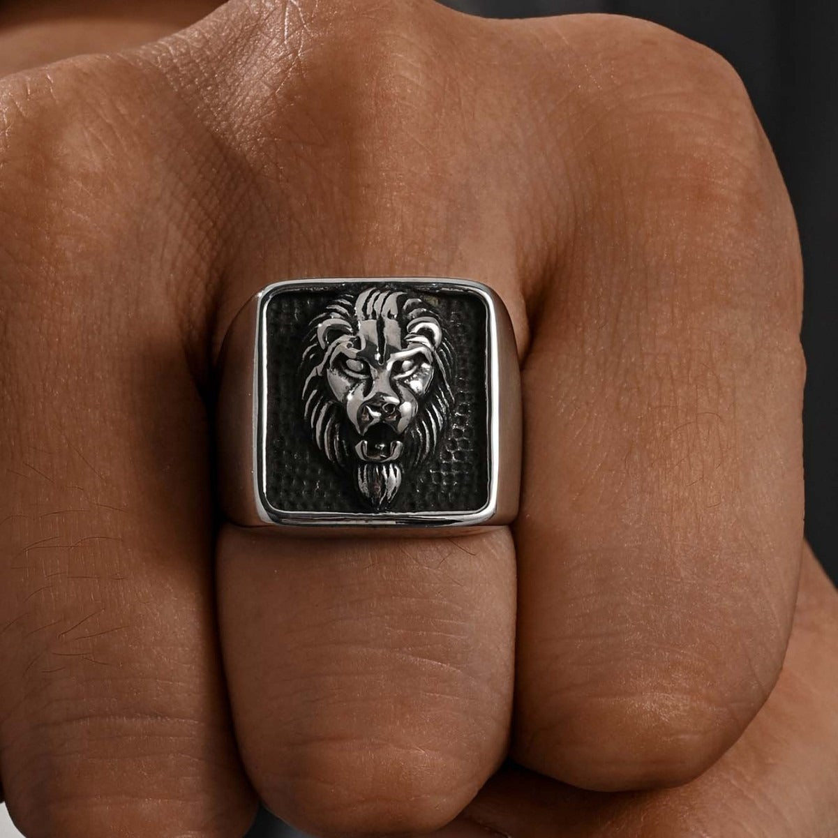 Kemstone Lion Head Signet Ring for Men Stainless Steel Square Relief Vintage TR0418