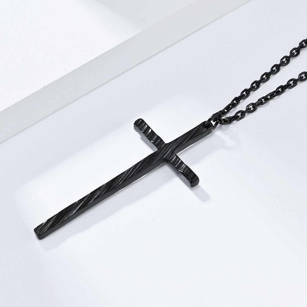 Kemstone Slim Textured Cross Pendant Necklace for Men Stainless Steel Vintage K-PT547