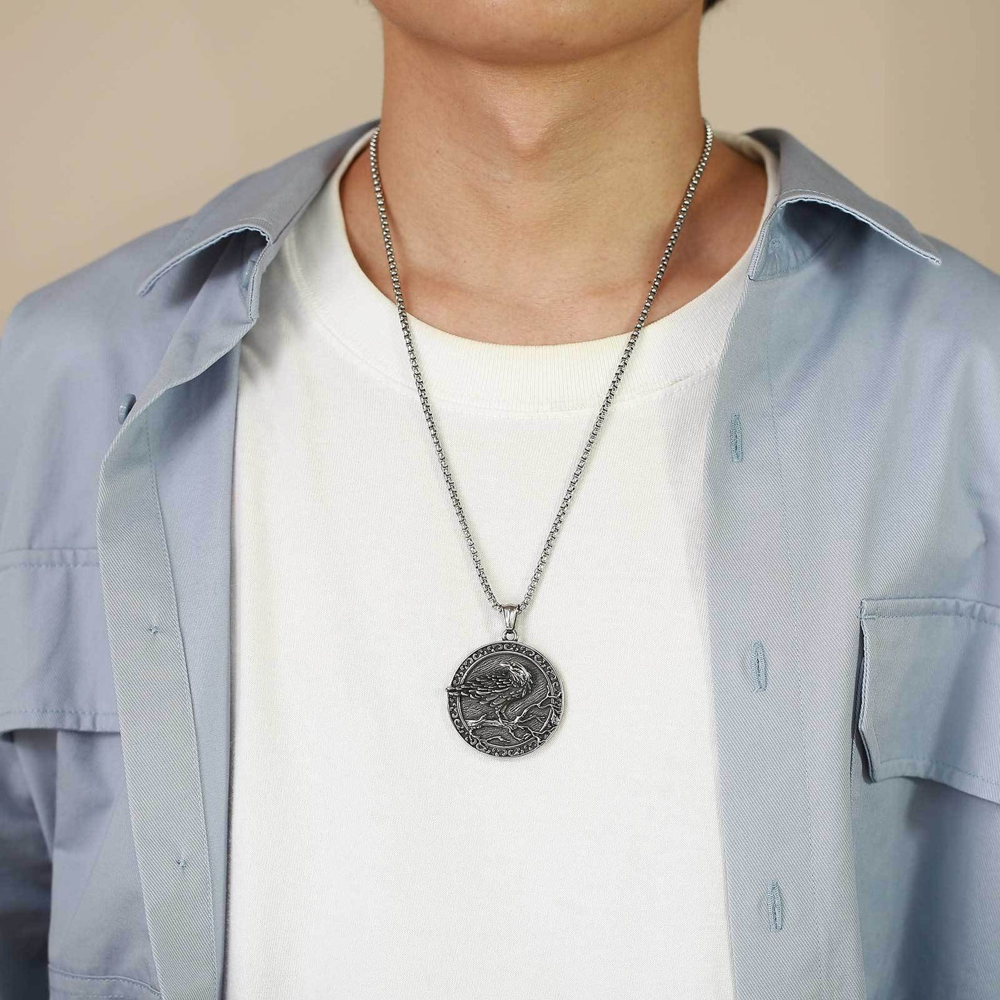 Kemston Raven Medallion Pendant Necklace for Men Stainless Steel Vintage Round PN-1642