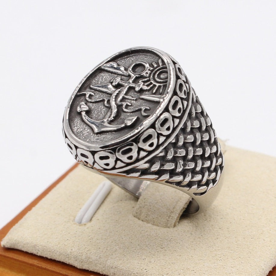 Kemstone Anchor Signet Ring for Men Titanium Steel Textured Sides R1283