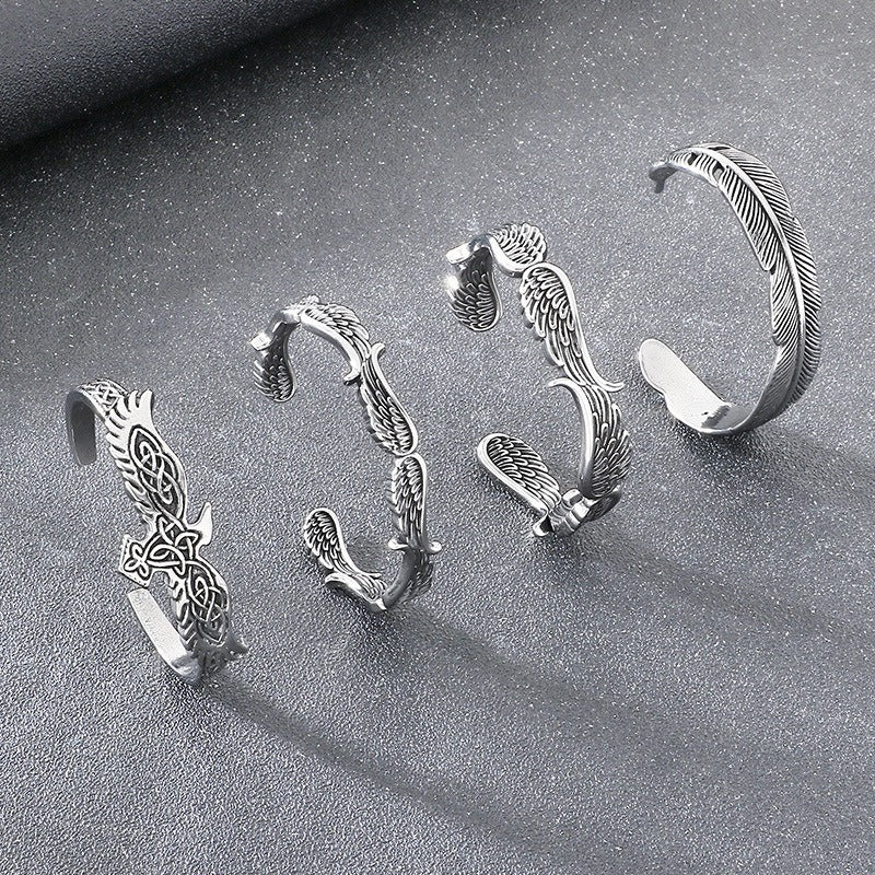 Kemstone Viking Raven Celtic Knot Feather Cuff Bracelet – Titanium Steel Open Bangle for Men KB209301-LU