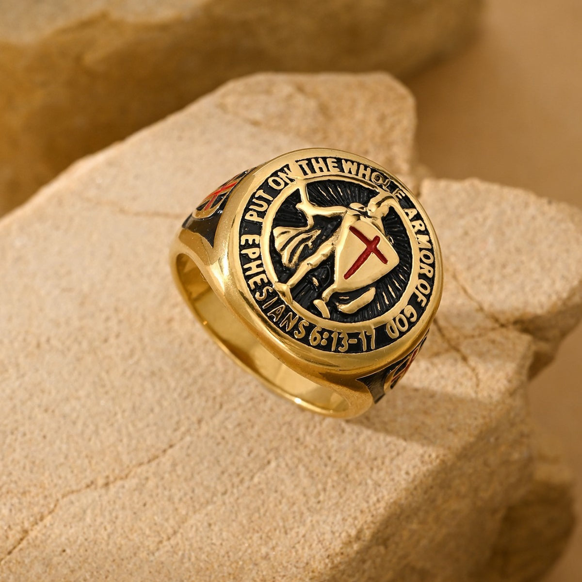 Kemstone Cross Shield Ring for Men Stainless Steel Engraved Emblem TR0528