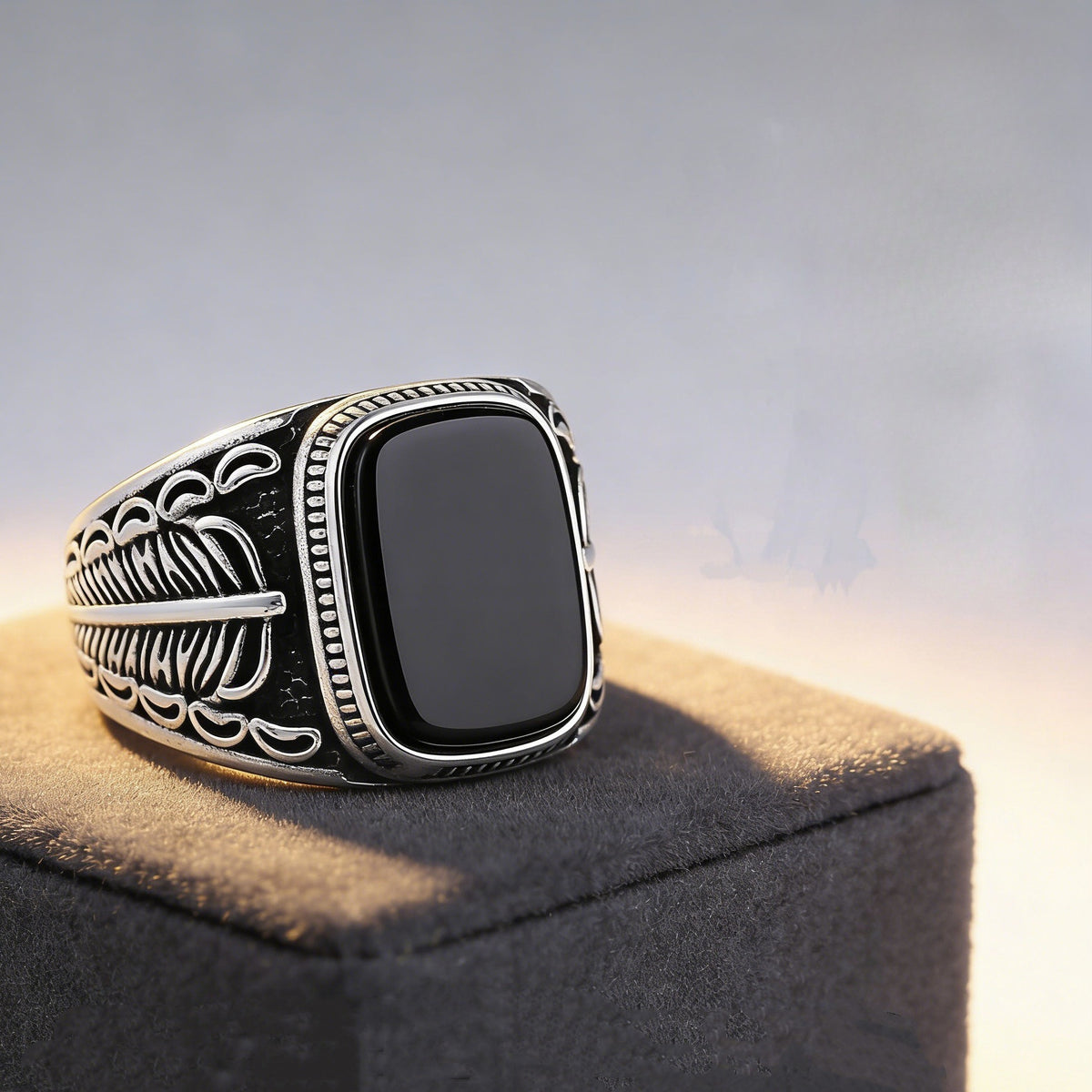 Kemstone Shell Signet Ring for Men Titanium Steel Feather Engraved R1207