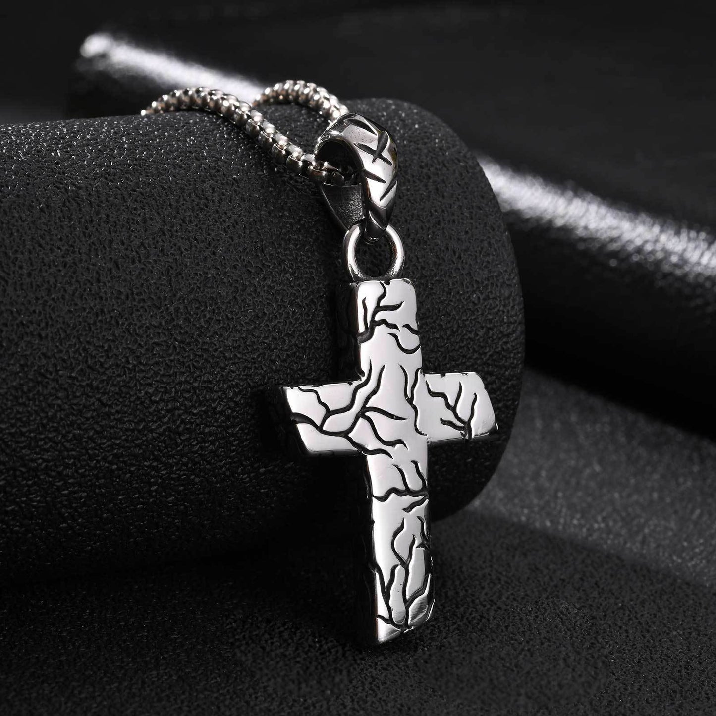Kemston Cracked Texture Cross Pendant Necklace for Men Stainless Steel Vintage Silver Design PN-2420