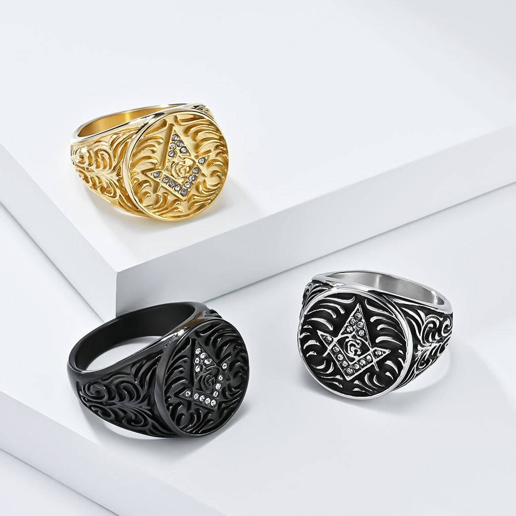 Kemstone Titanium Steel Freemason Ring – Vintage Masonic Emblem Design K-R800