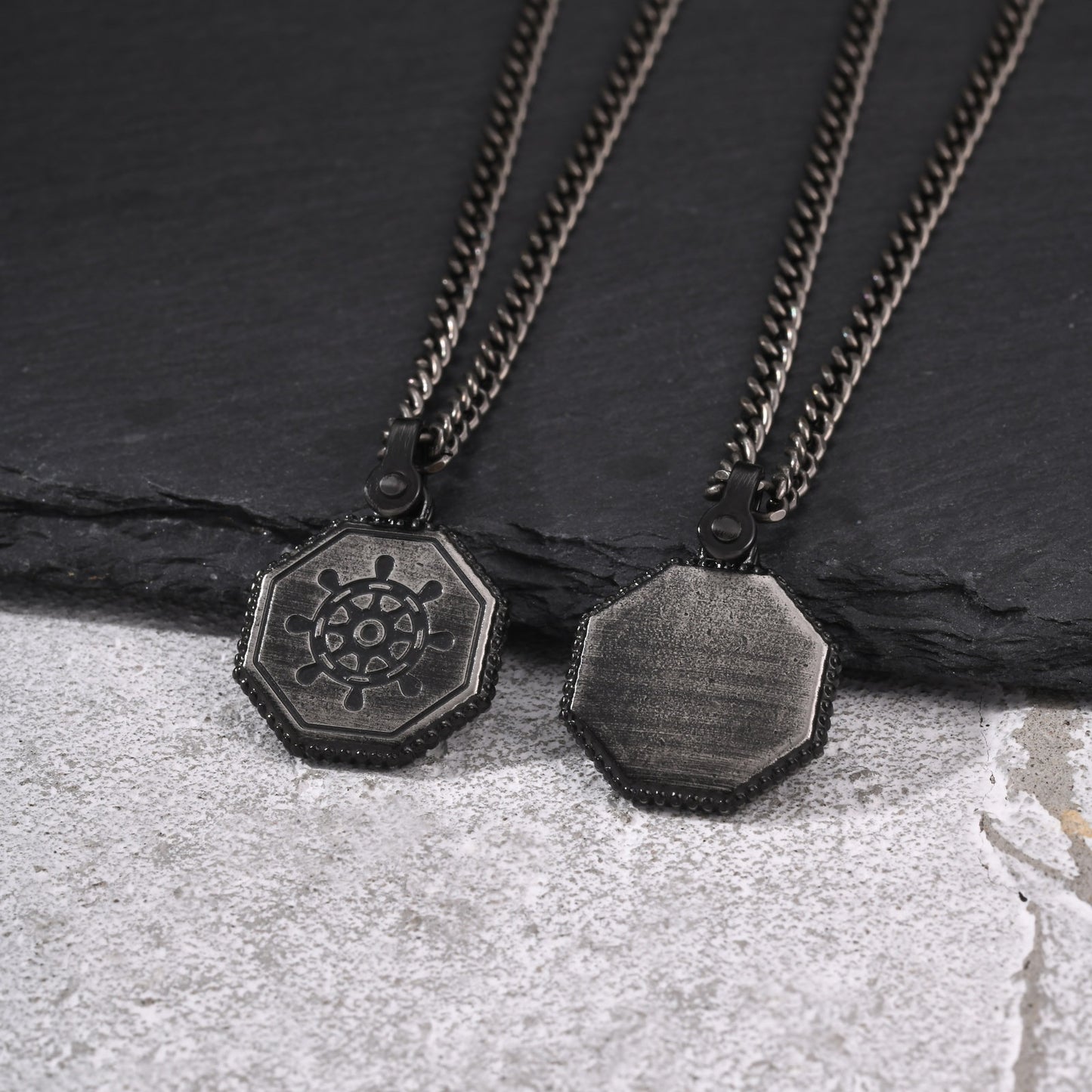 Kemston Octagon Ship Wheel Pendant Necklace for Men Stainless Steel Vintage Silver PN-2398