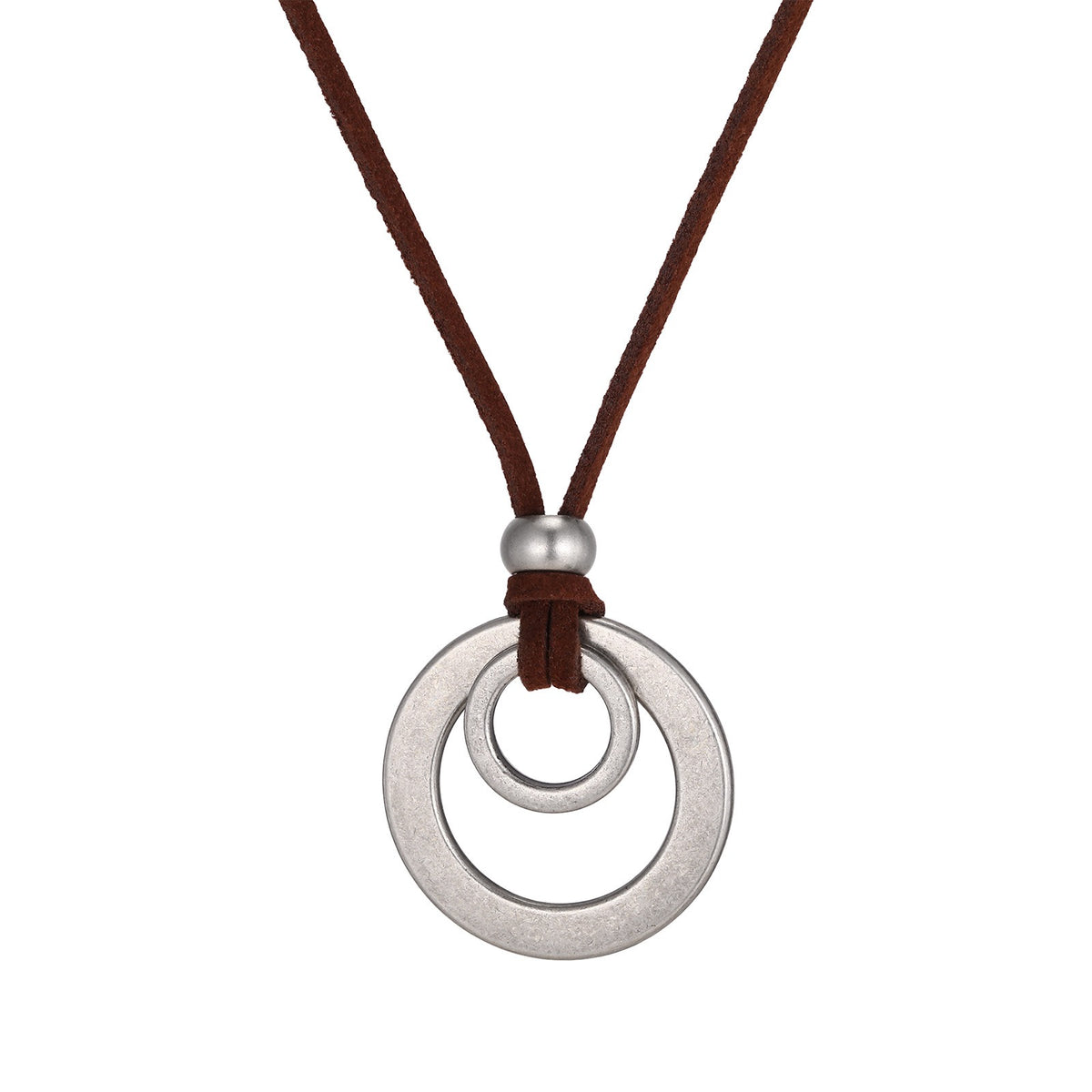 Kemstone Double Ring Pendant Necklace for Men Stainless Steel Brown Cord NC-3022