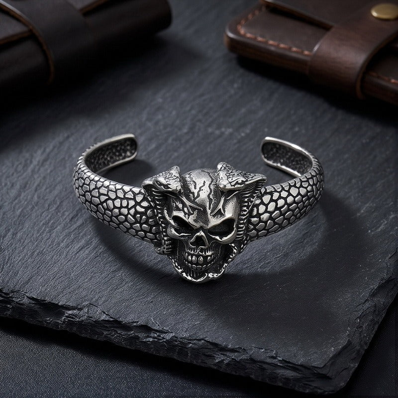 Kemstone Skull Bracelet for Men Stainless Steel Snake Cuff Vintage KB214355-LU