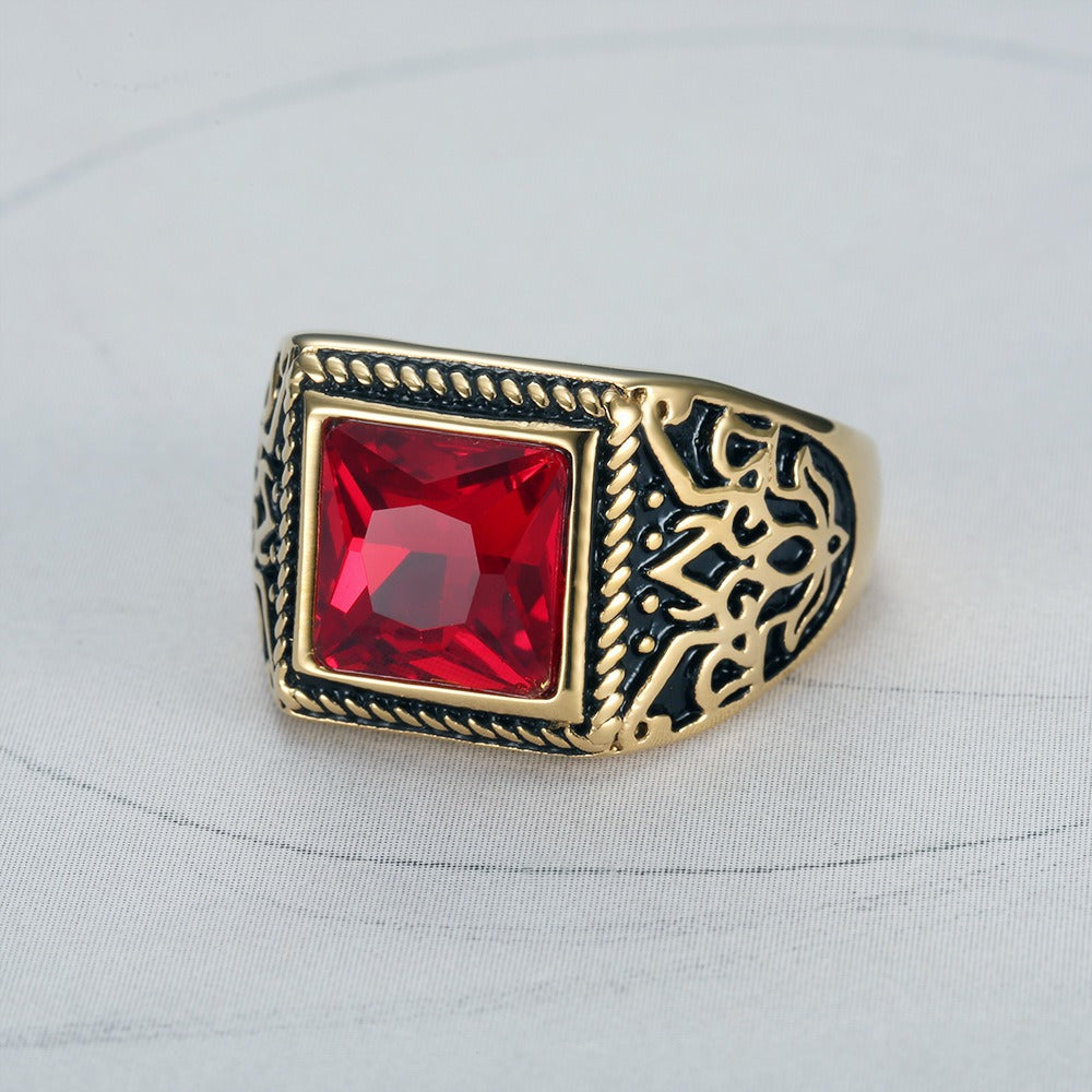 Kemstone Square Cubic Zirconia Ring for Men Stainless Steel Engraved Vintage TR0280