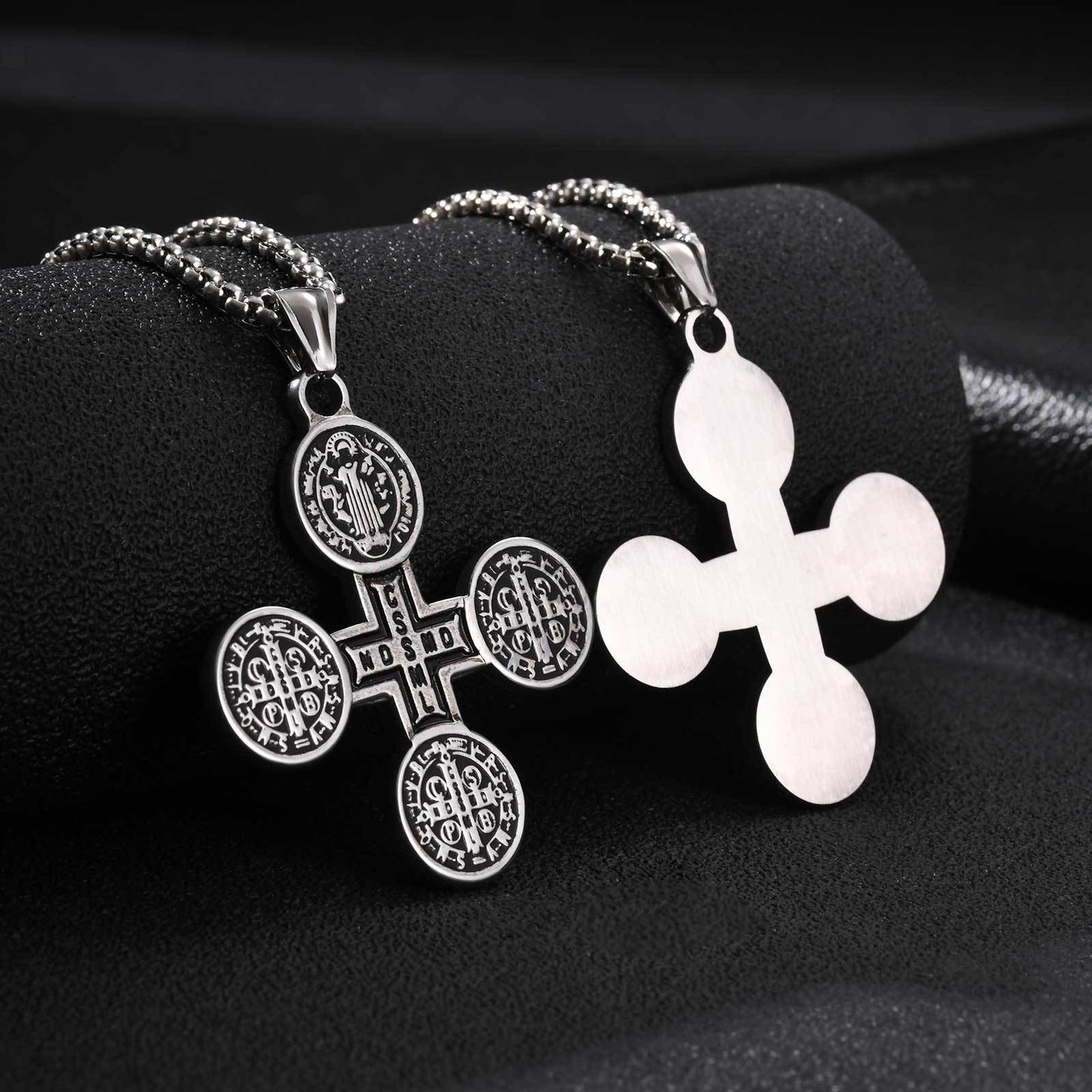 Kemston Engraved Cross Pendant Necklace for Men Stainless Steel Round Vintage PN-2409