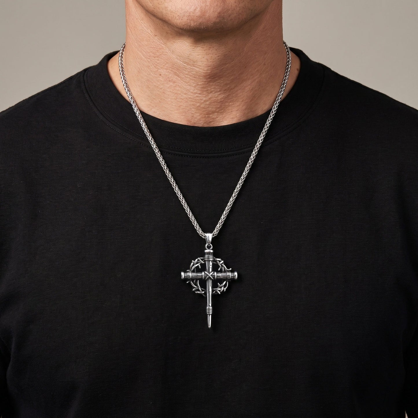 Kemston Thorn-Wrapped Gothic Cross Necklace for Men Stainless Steel Vintage Silver PN-2463S