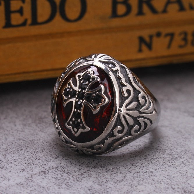 Kemstone Cross Signet Ring for Men Stainless Steel Red Accent Gothic Vintage TR0074